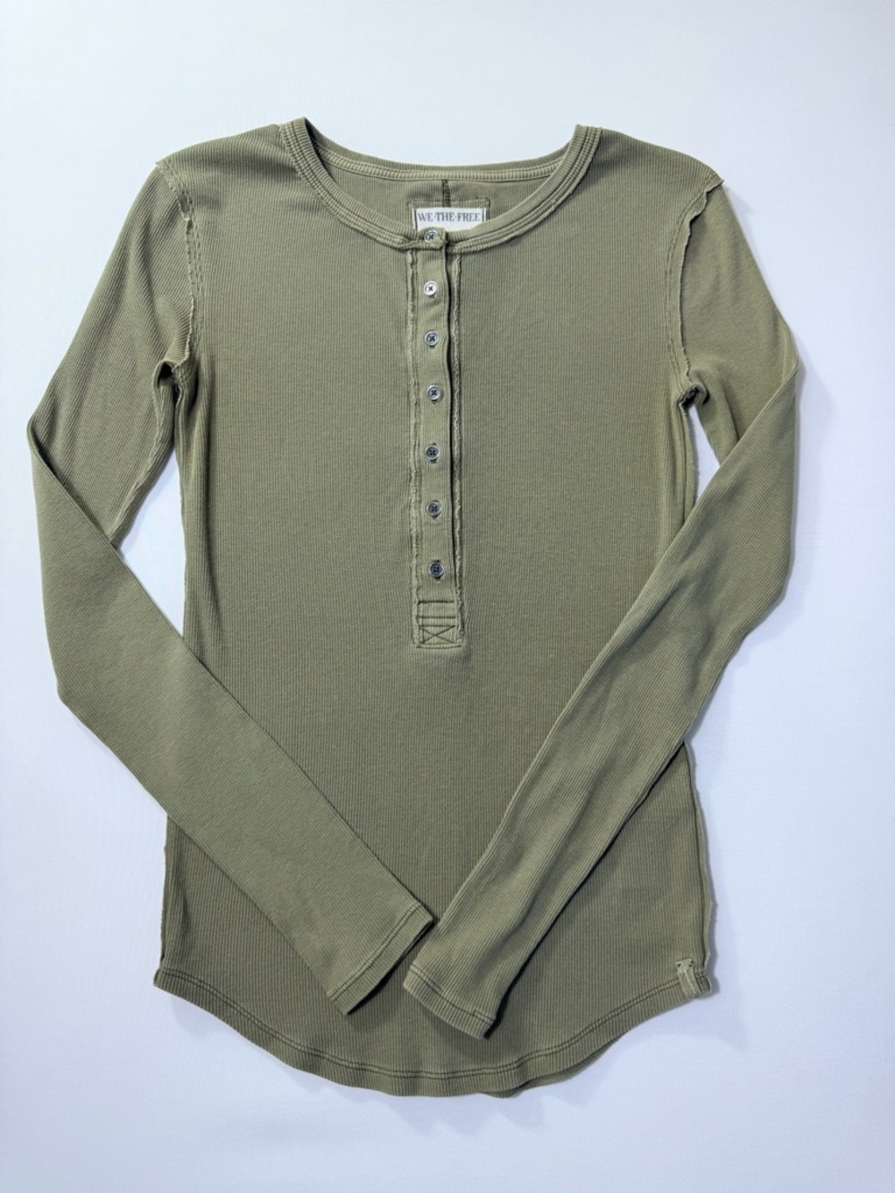 We The Free Free People Olive Ribbed 6 Button Henley Long-Sleeve Top